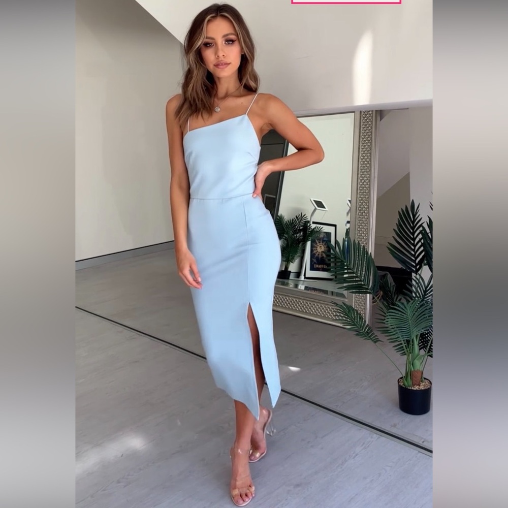 NWT Beginning Boutique Cecilia Bodycon Midi Dress Blue Sheath